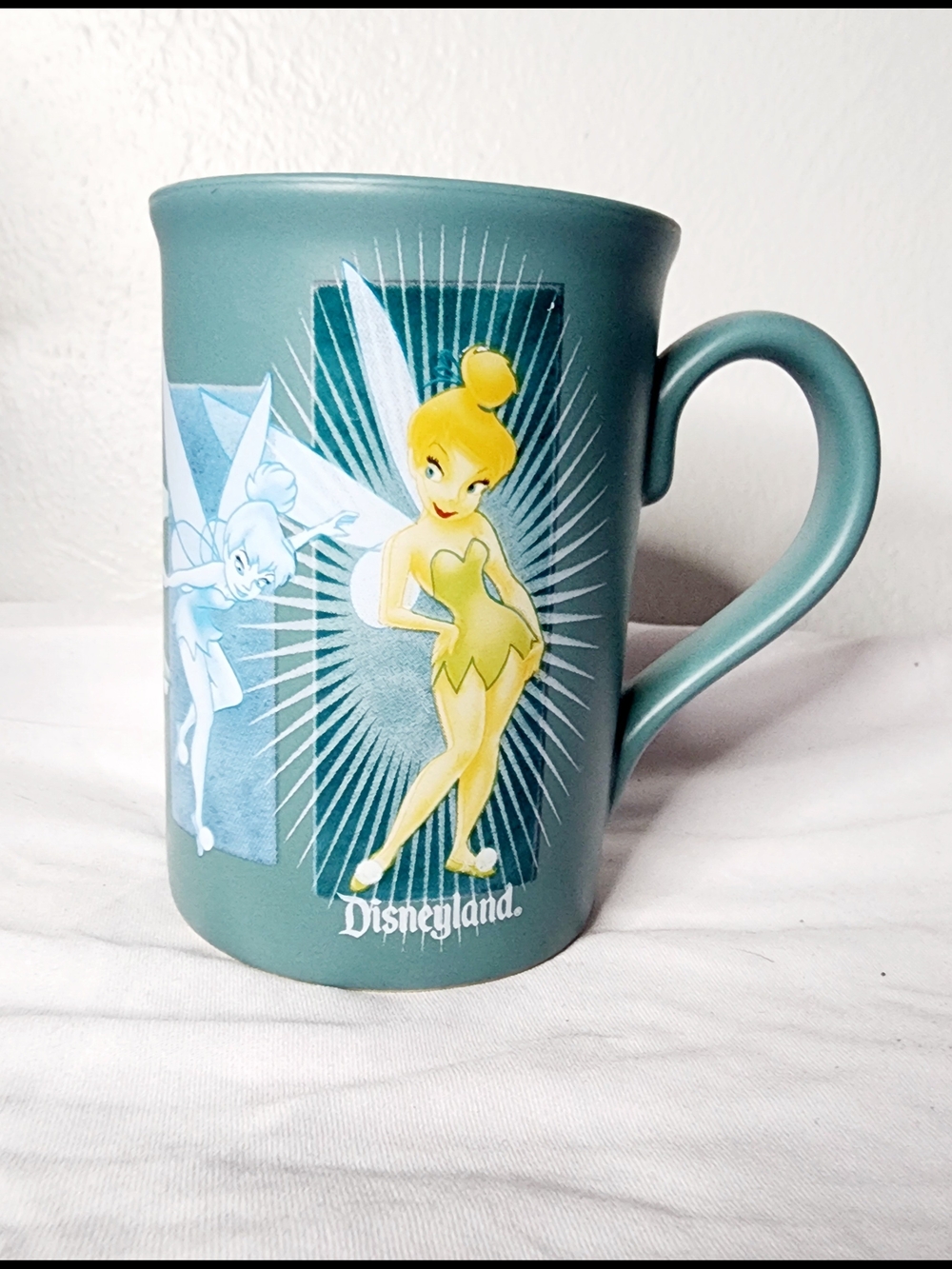 Disney Parks Tinker Bell Mug Teal Matte Stoneware Peter Pan Disneyland Tink Cup